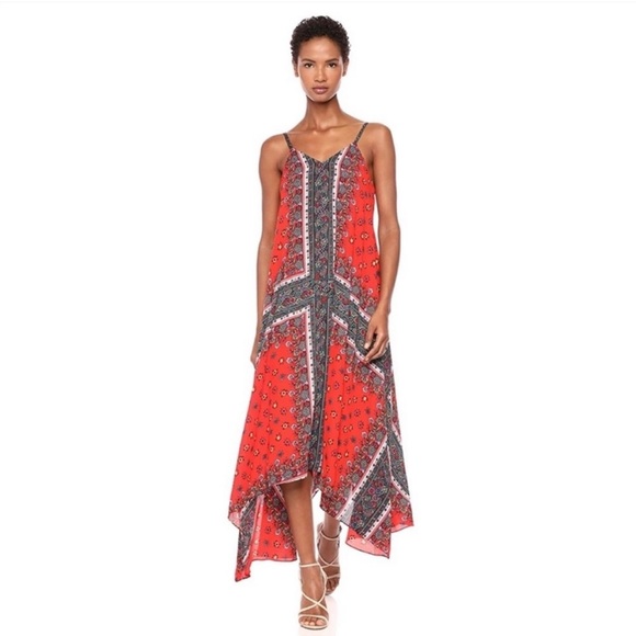 NANETTE LEPORE ~Calypso Red Multi-Print Trapeze Handkerchief Maxi Dress ~Size 8 - Picture 1 of 8